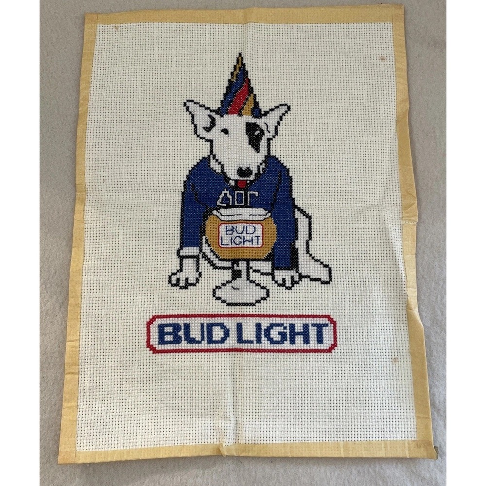 COTTON BALL CREATIONS "SPUDS MACKENZIE" Bud Light Completed CROSS-STITCH